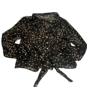 Val’s | Bird Print Black Top Front Tie Large